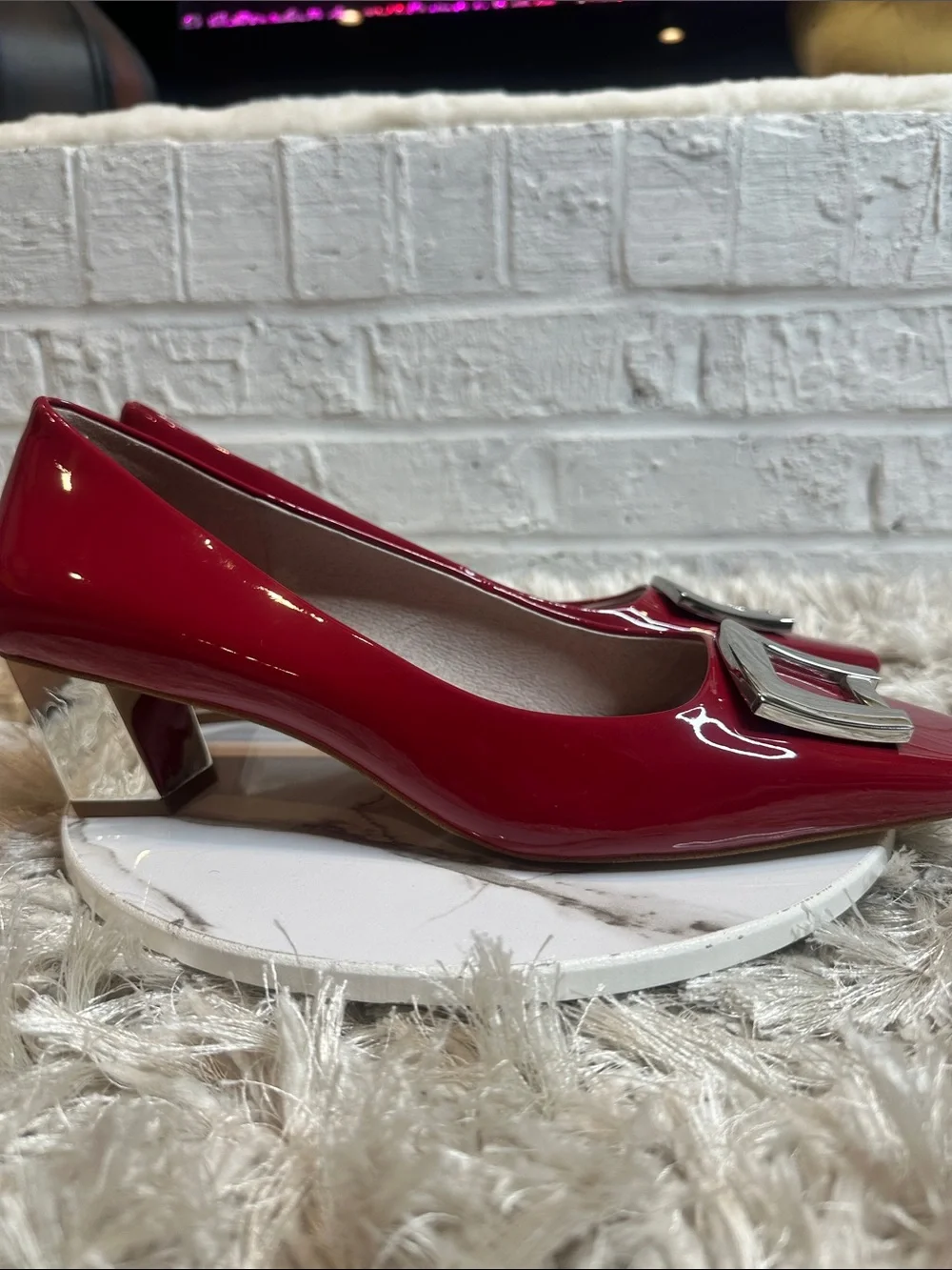 ๐NWOB Lilly Sisto by Gianni Bini Red Patent Square-Toe with Silver Buckle, 11M - Picture 3 of 13